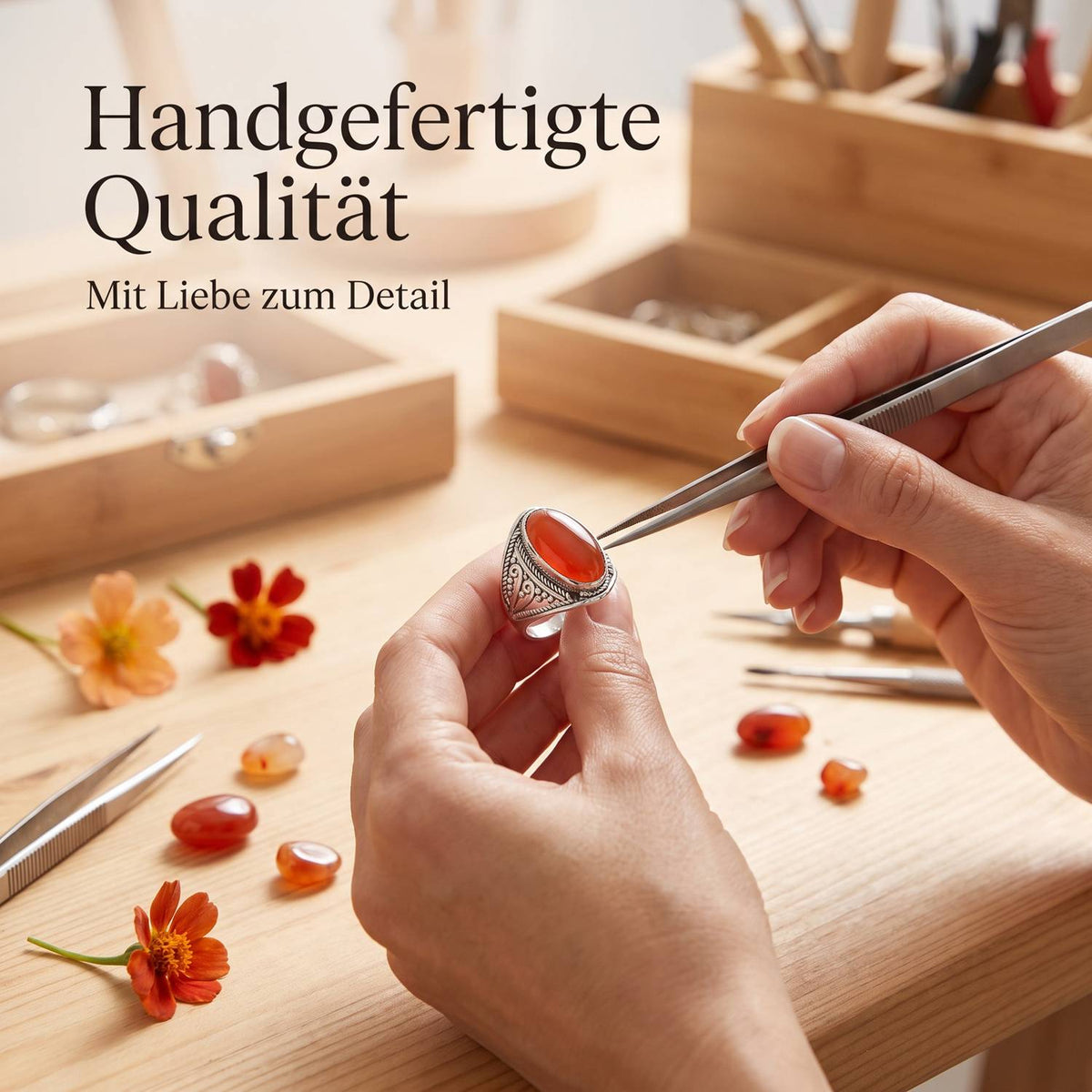 Handgefertigter Silberring mit Karneol bei der Schmuckherstellung