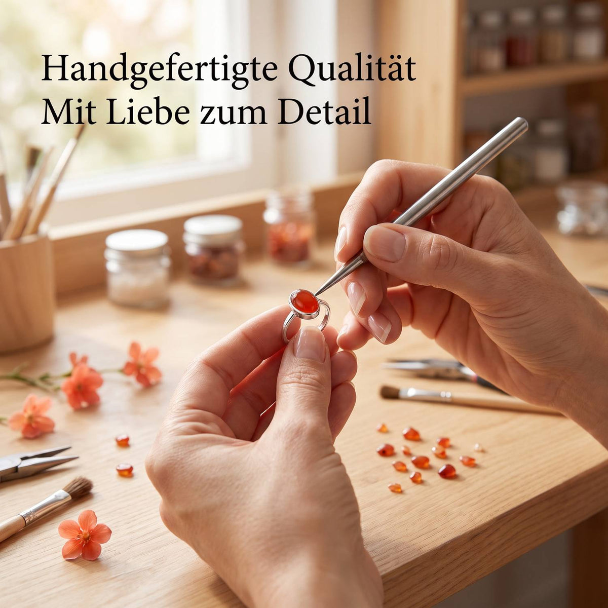 Handgefertigter Silberring mit Karneol bei der Schmuckherstellung