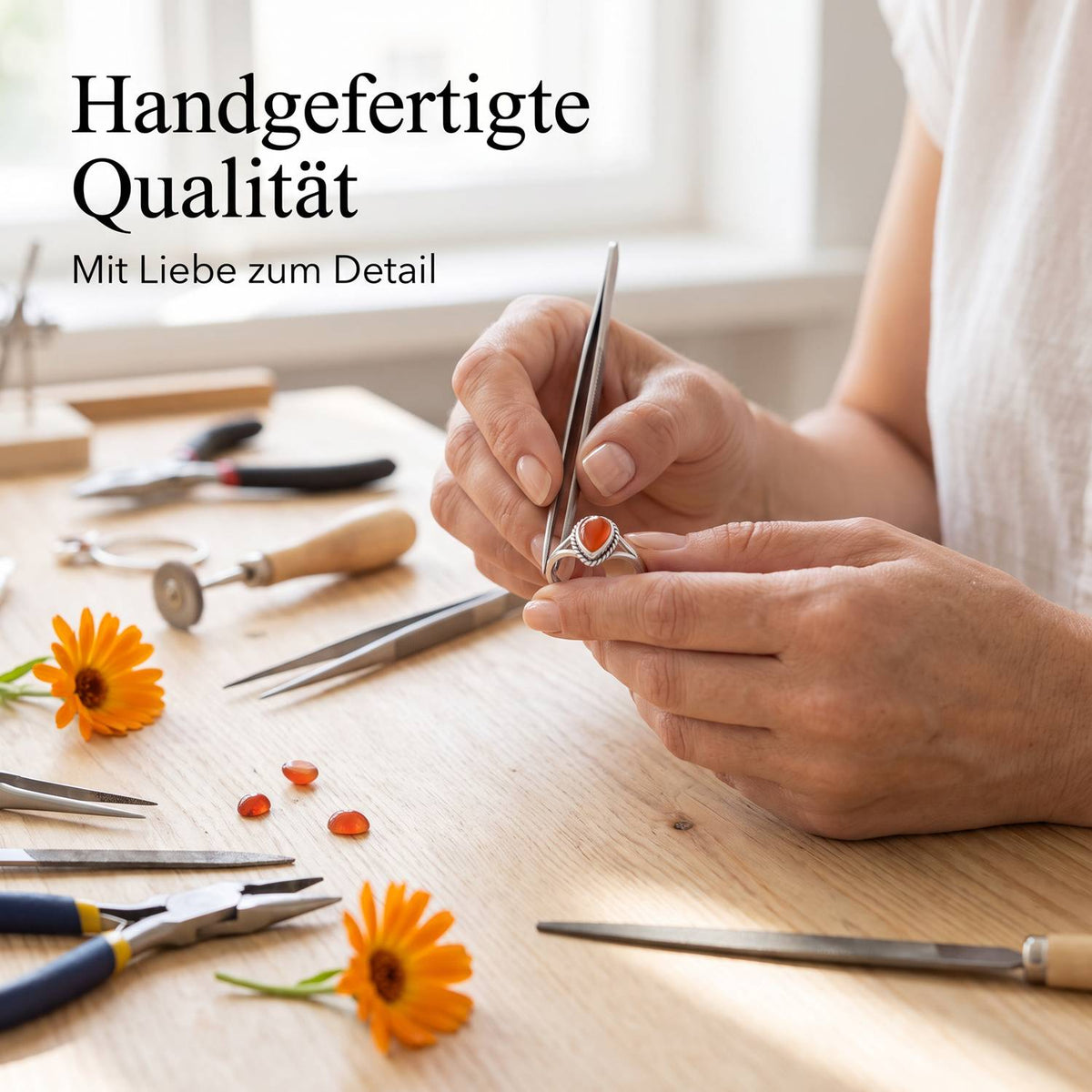 Handgefertigter Silberring mit Karneol bei der Schmuckherstellung