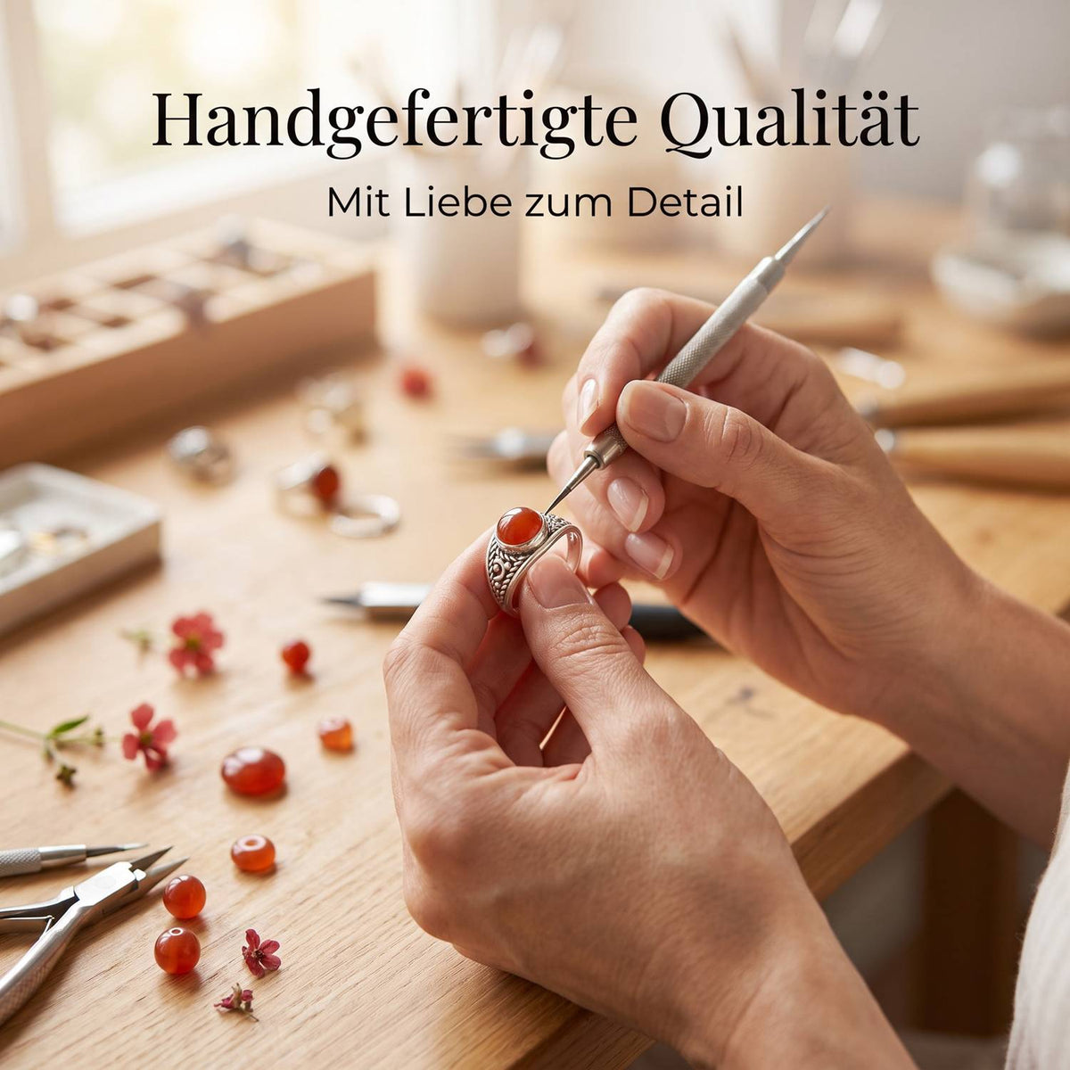 Handgefertigter Silberring mit Karneol bei der Schmuckherstellung