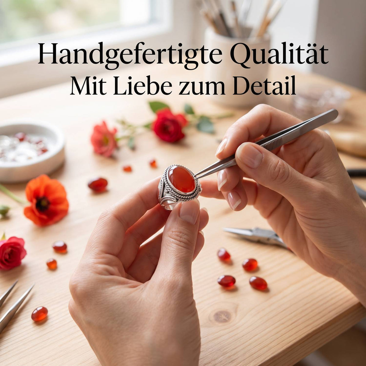 Handgefertigter Silberring mit Karneol bei der Schmuckherstellung