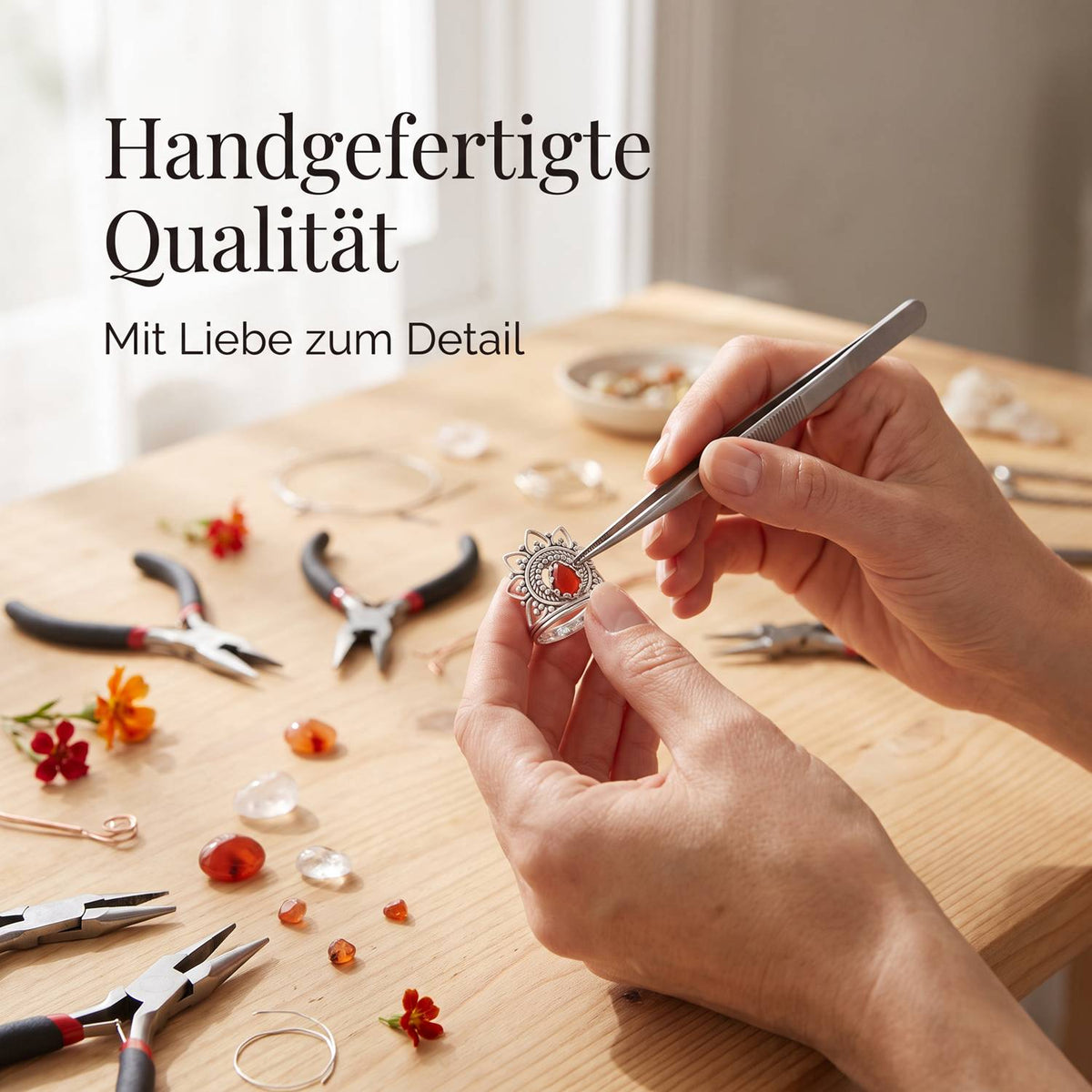 Handgefertigter Silberring mit Karneol bei der Schmuckherstellung