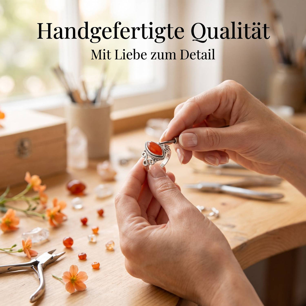 Handgefertigter Silberring mit Karneol bei der Schmuckherstellung