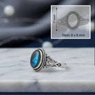 [KI] Labradoritring aus Silber mit Maßangaben zu Ring und Edelstein