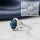 [KI] Labradoritring aus Silber mit Maßangaben zu Ring und Edelstein