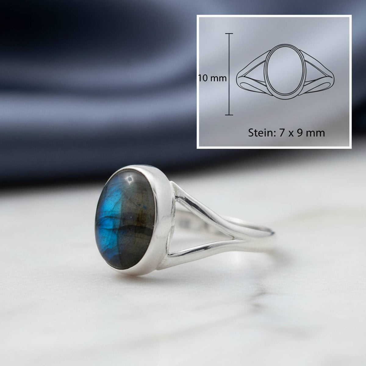 Labradoritring aus Silber mit Maßangaben zu Ring und Edelstein