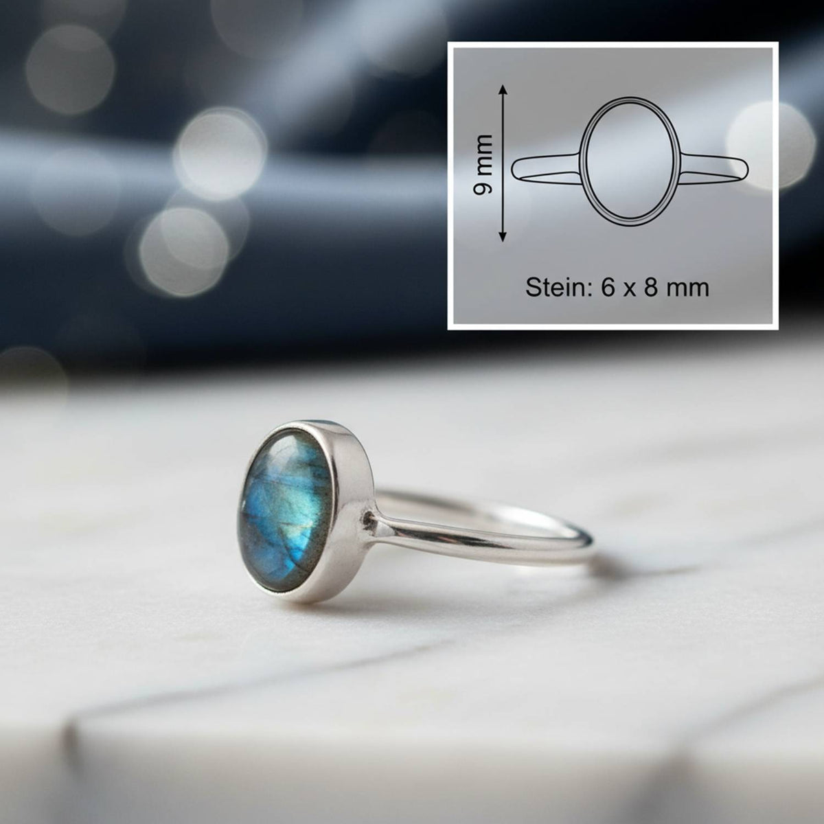 Labradoritring aus Silber mit Maßangaben zu Ring und Edelstein