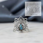 [KI] Labradoritring aus Silber mit Maßangaben zu Ring und Edelstein