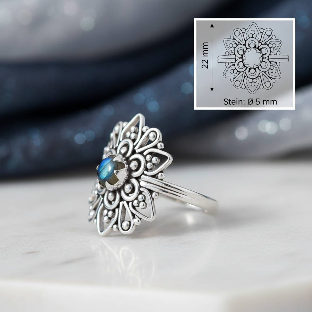 Labradoritring aus Silber mit Maßangaben zu Ring und Edelstein
