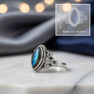 [KI] Labradoritring aus Silber mit Maßangaben zu Ring und Edelstein