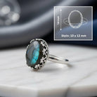 [KI] Labradoritring aus Silber mit Maßangaben zu Ring und Edelstein