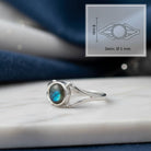 [KI] Labradoritring aus Silber mit Maßangaben zu Ring und Edelstein