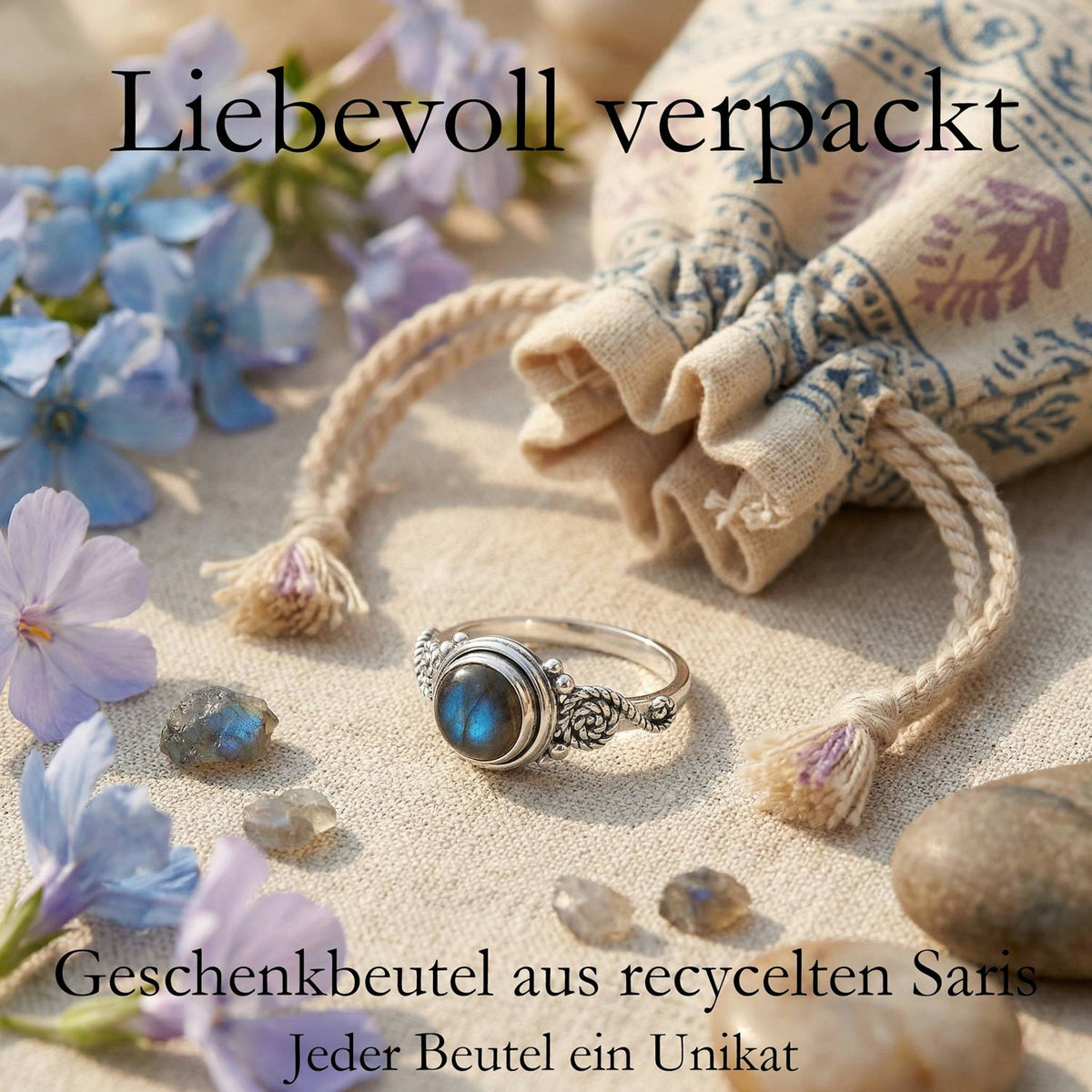 Silberring mit Labradorit und Geschenkbeutel aus recyceltem Sari