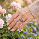 [KI] Silberring mit Labradorit an der Hand zwischen Blumen