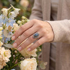 [KI] Silberring mit Labradorit an der Hand zwischen Blumen