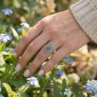 [KI] Silberring mit Labradorit an der Hand zwischen Blumen