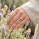 [KI] Silberring mit Labradorit an der Hand zwischen Blumen