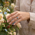 [KI] Silberring mit Labradorit an der Hand zwischen Blumen