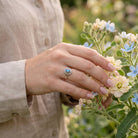 [KI] Silberring mit Labradorit an der Hand zwischen Blumen