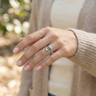 [KI] Labradoritring aus Silber getragen an der Hand im Freien