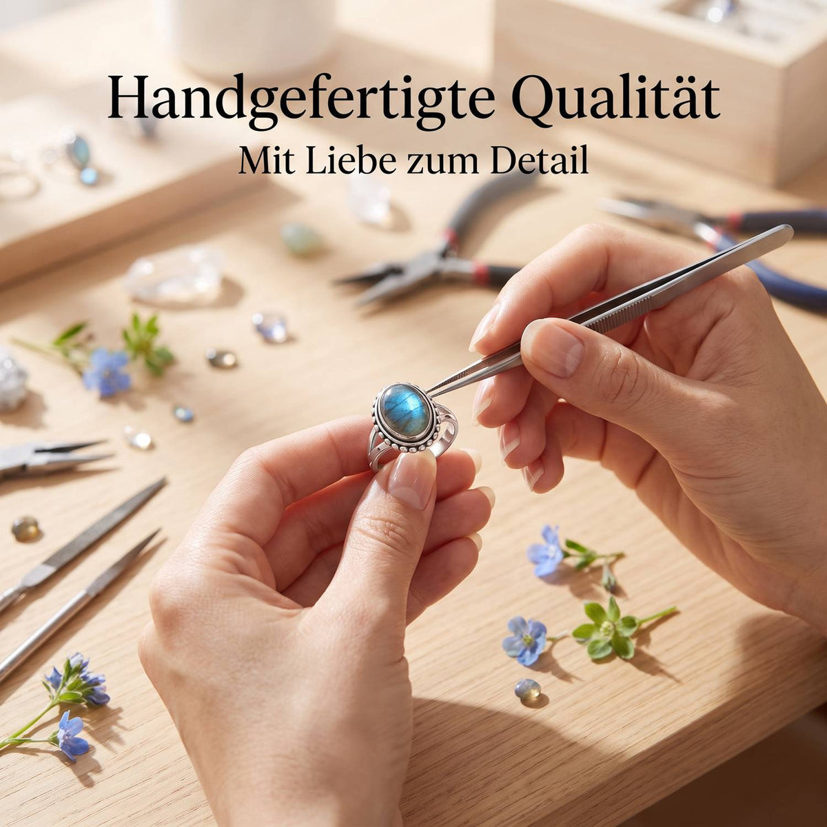 Handgefertigter Silberring mit Labradorit bei der Schmuckherstellung