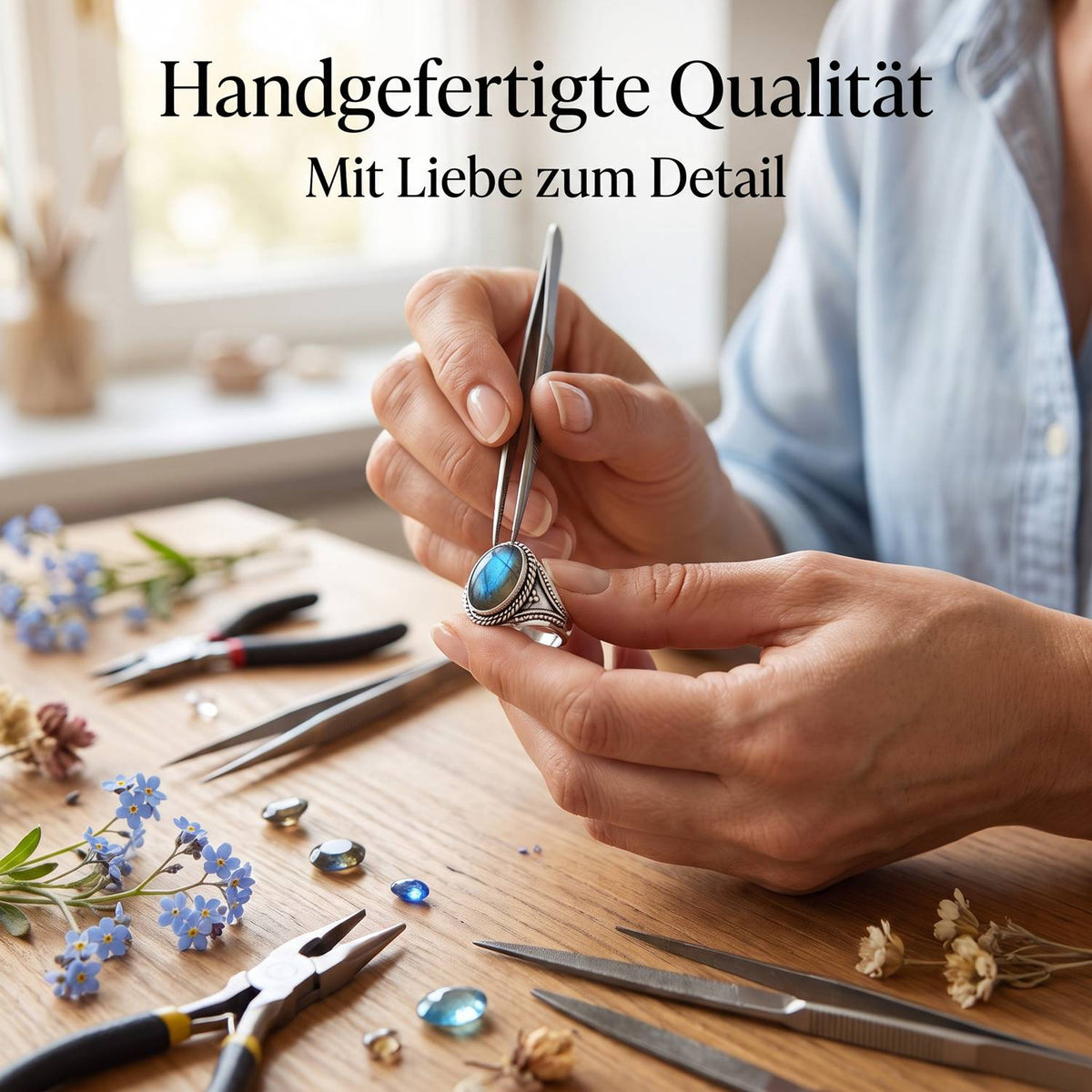 Handgefertigter Silberring mit Labradorit bei der Schmuckherstellung