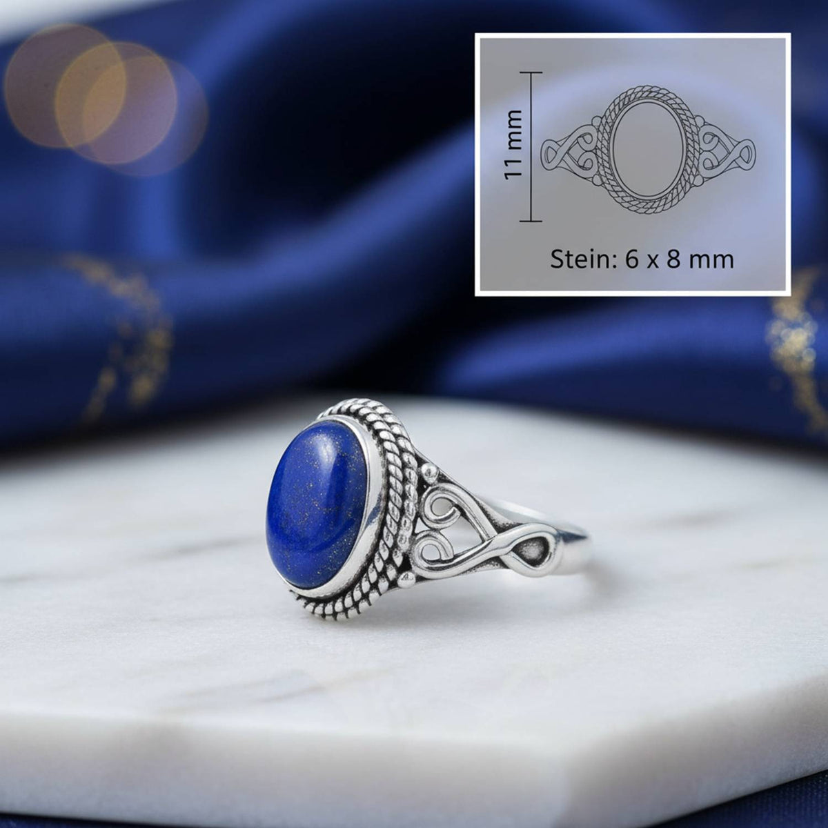 Lapislazuliring aus Silber mit Maßangaben zu Ring und Edelstein