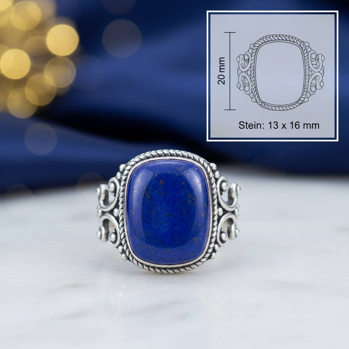 Lapislazuliring aus Silber mit Maßangaben zu Ring und Edelstein