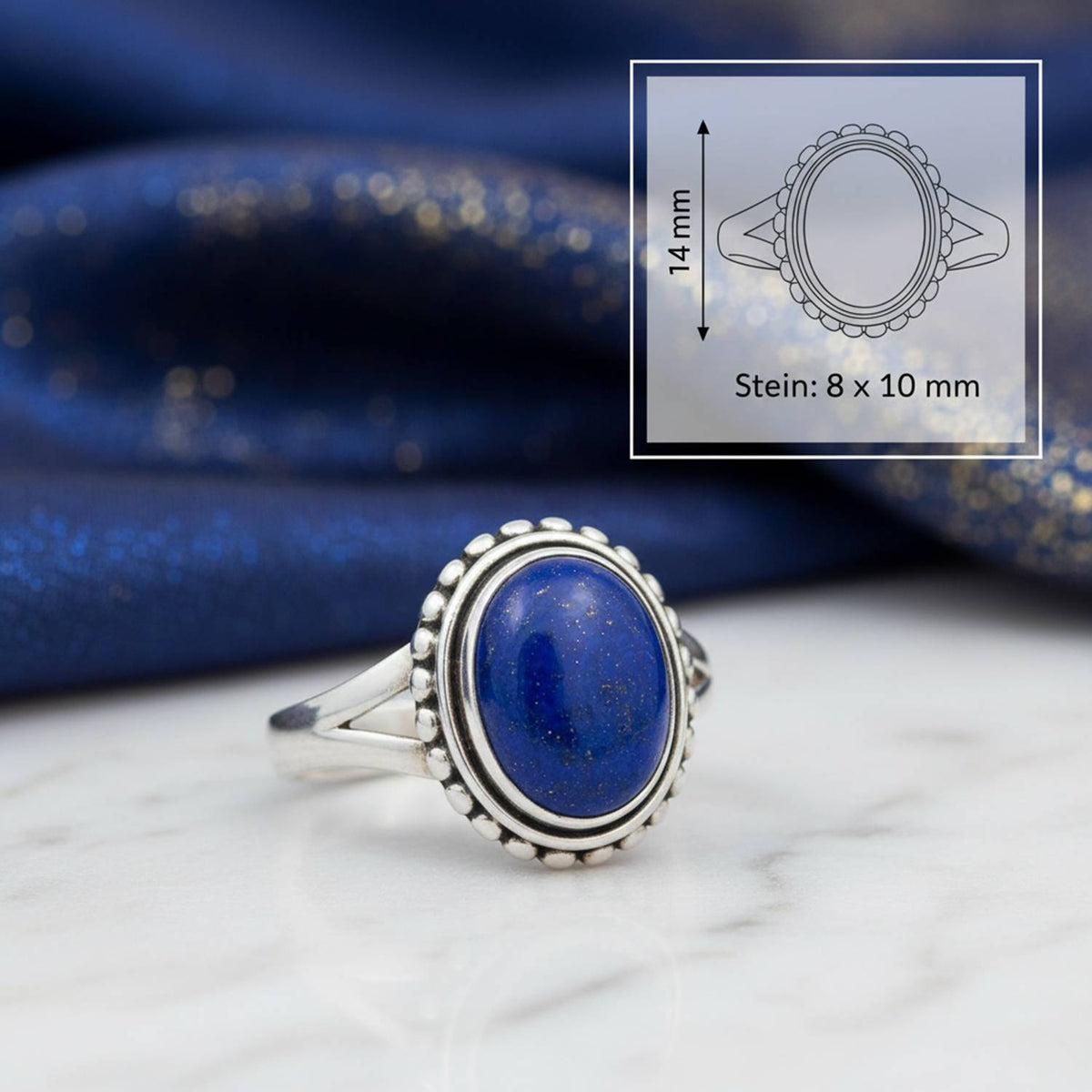 Lapislazuliring aus Silber mit Maßangaben zu Ring und Edelstein