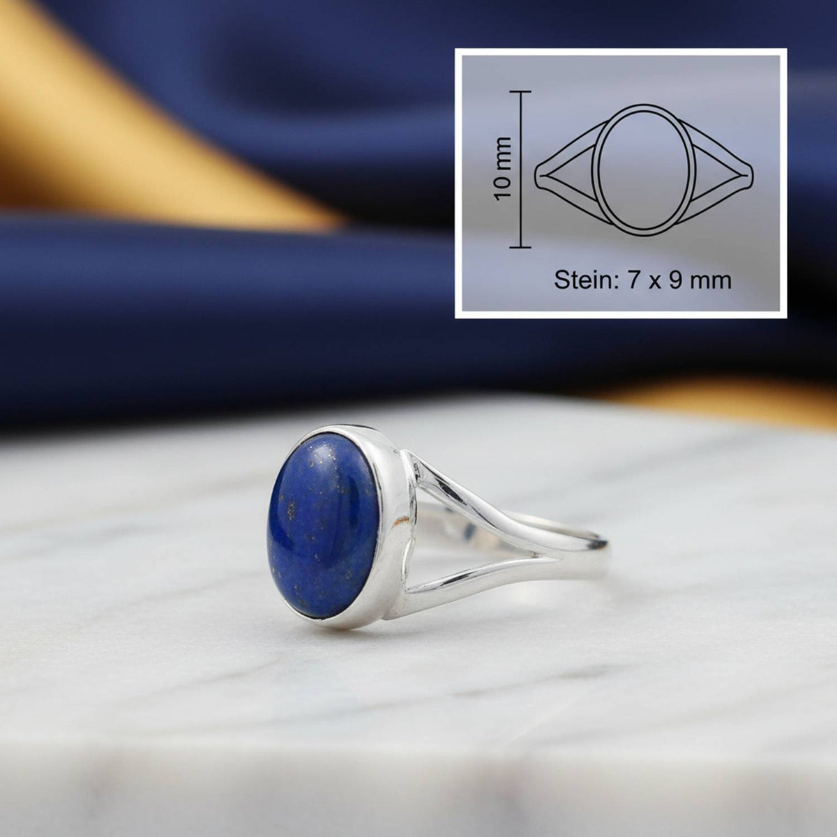 Lapislazuliring aus Silber mit Maßangaben zu Ring und Edelstein