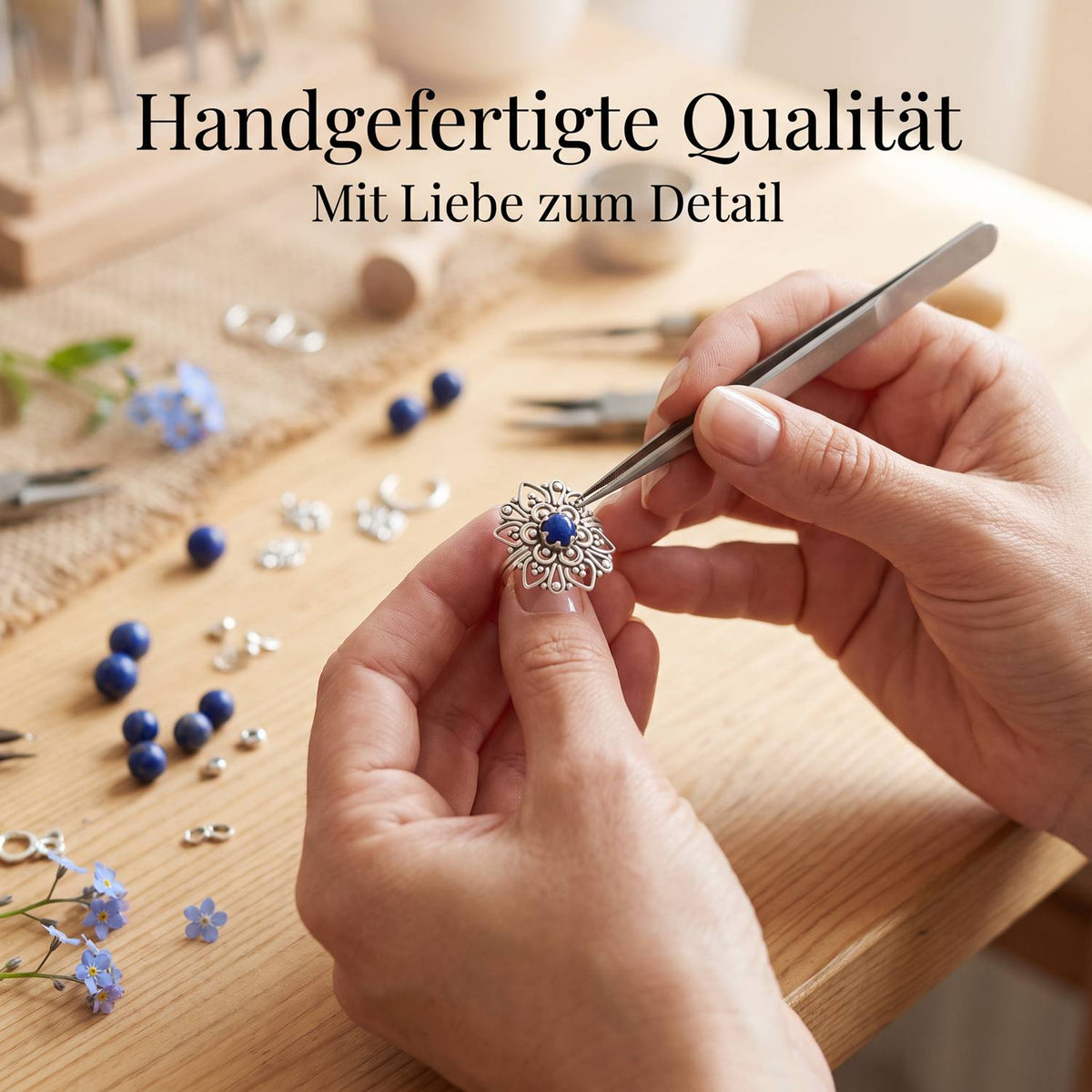 Handgefertigter Silberring mit Lapislazuli bei der Schmuckherstellung