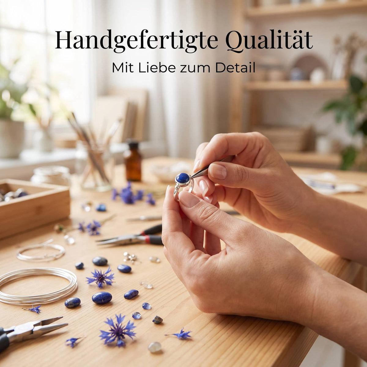 Handgefertigter Silberring mit Lapislazuli bei der Schmuckherstellung