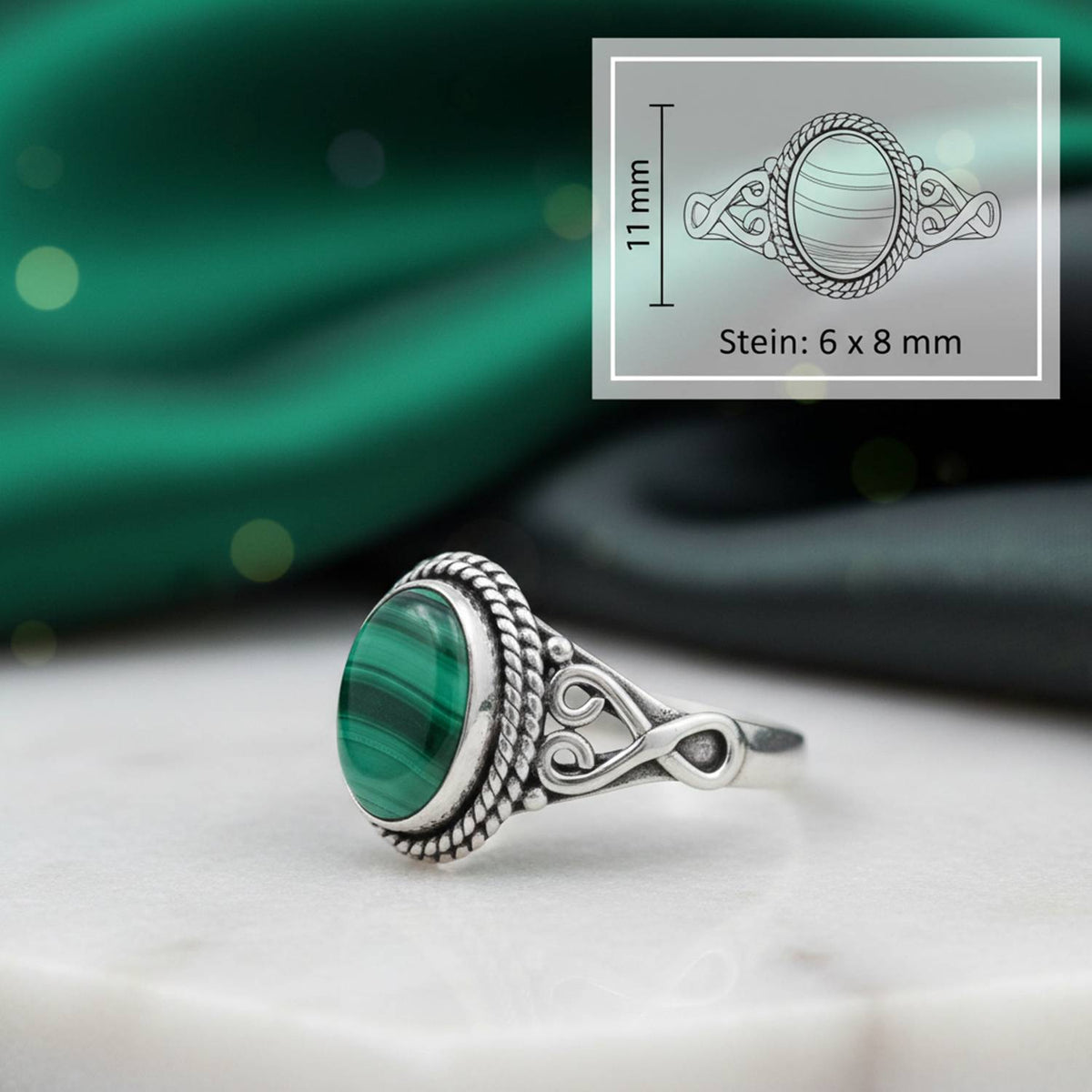 Malachitring aus Silber mit Maßangaben zu Ring und Edelstein