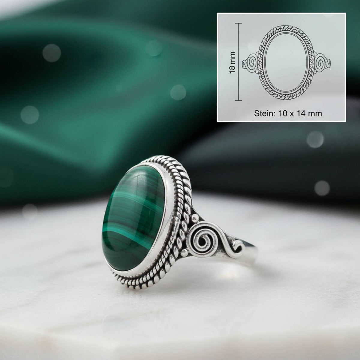 Malachitring aus Silber mit Maßangaben zu Ring und Edelstein