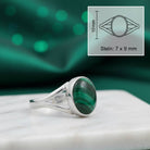 [KI] Malachitring aus Silber mit Maßangaben zu Ring und Edelstein