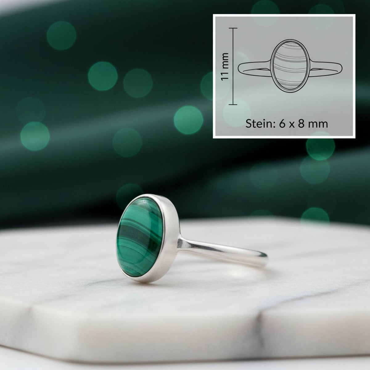 Malachitring aus Silber mit Maßangaben zu Ring und Edelstein