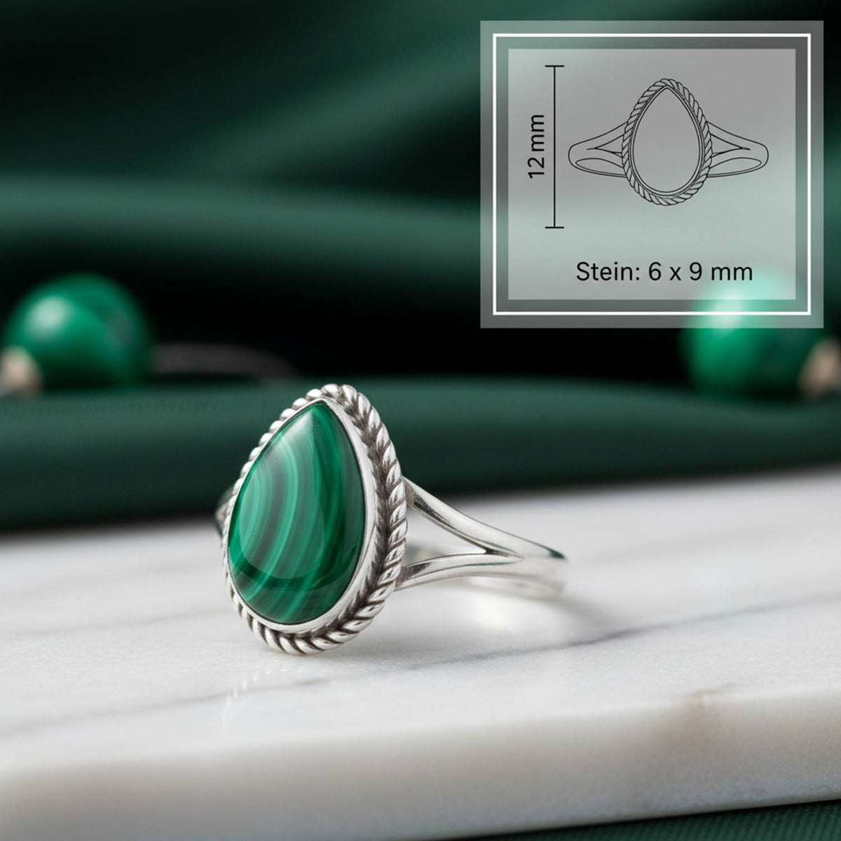 Malachitring aus Silber mit Maßangaben zu Ring und Edelstein