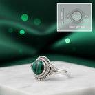 [KI] Malachitring aus Silber mit Maßangaben zu Ring und Edelstein