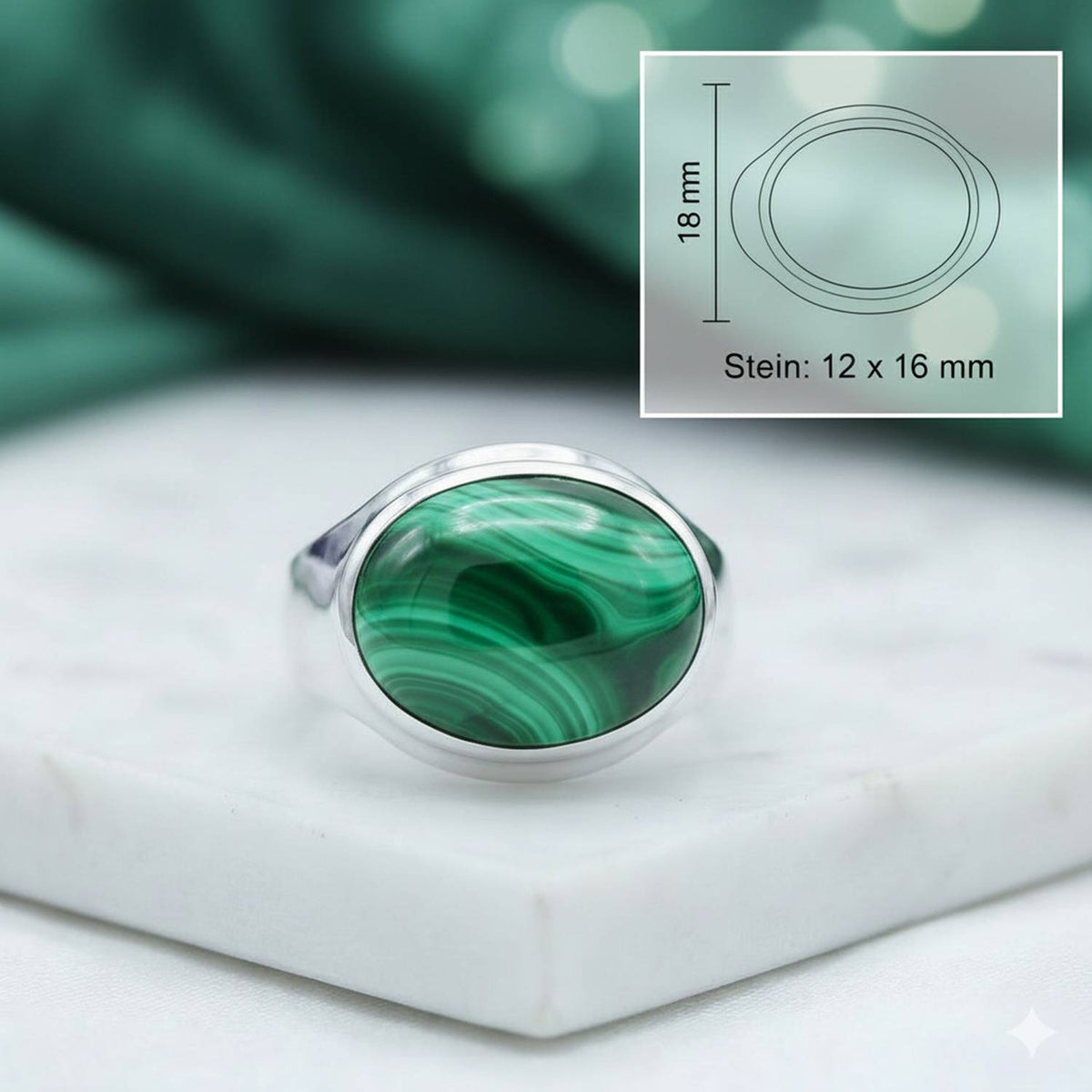 Malachitring aus Silber mit Maßangaben zu Ring und Edelstein