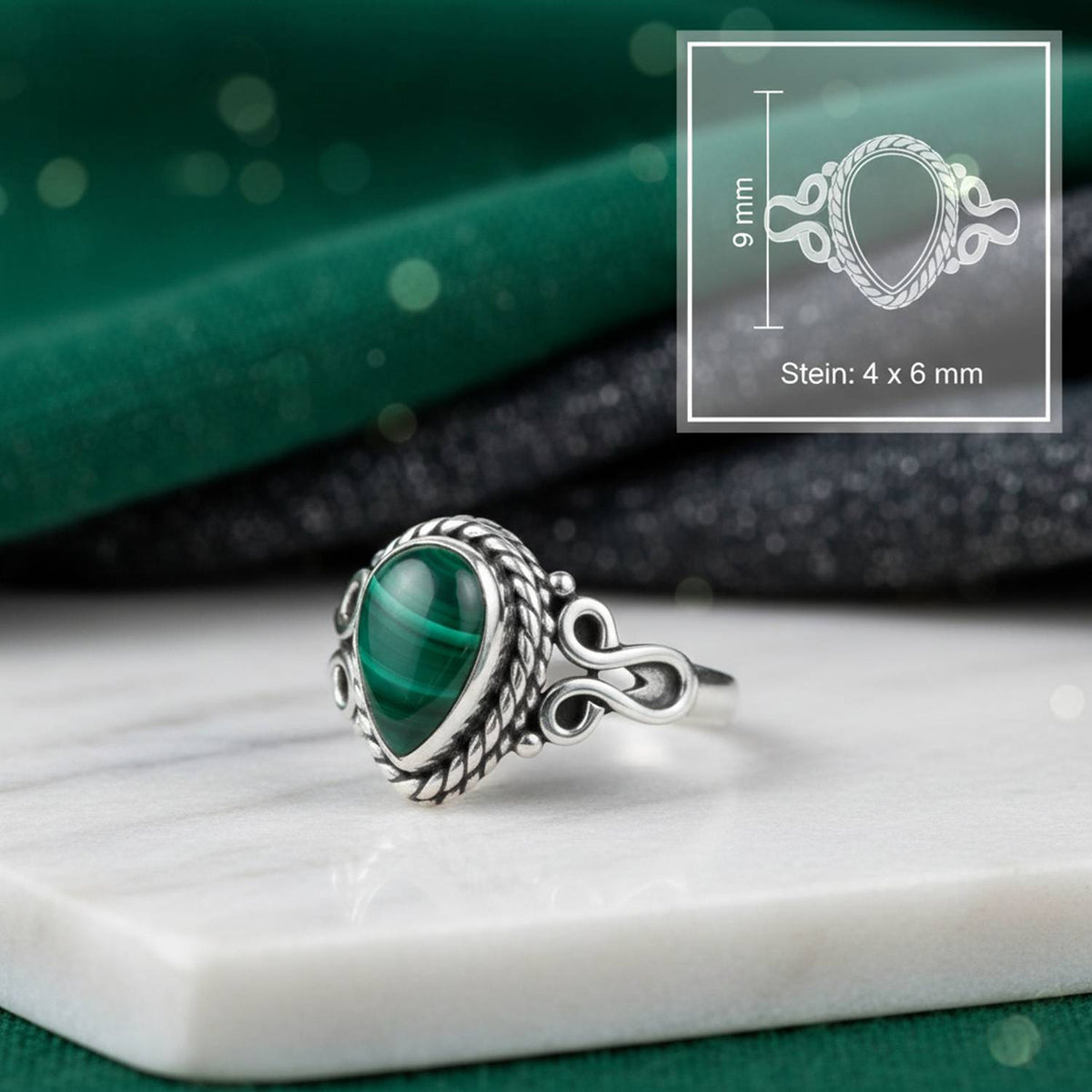 Malachitring aus Silber mit Maßangaben zu Ring und Edelstein