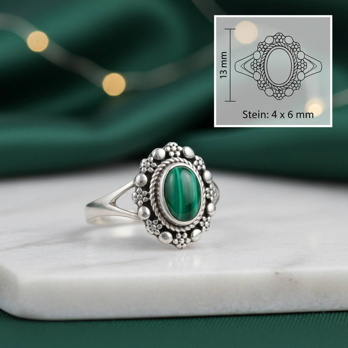 Malachitring aus Silber mit Maßangaben zu Ring und Edelstein