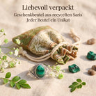[KI] Silberring mit Malachit und Geschenkbeutel aus recyceltem Sari