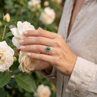 [KI] Silberring mit Malachit an der Hand zwischen Blumen