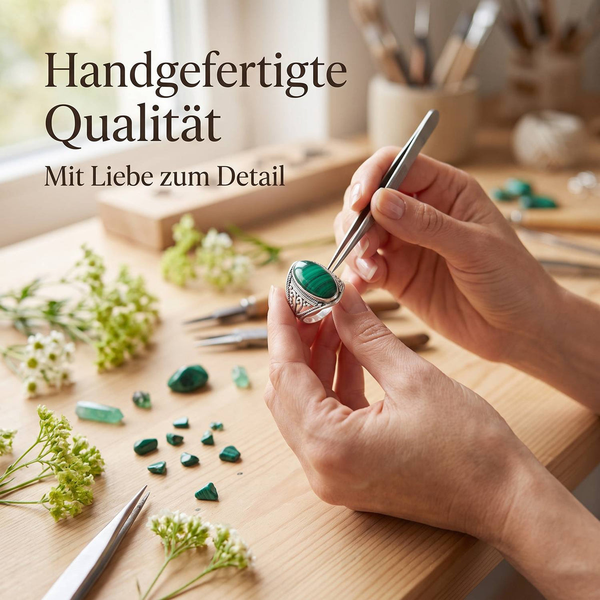 Handgefertigter Silberring mit Malachit bei der Schmuckherstellung