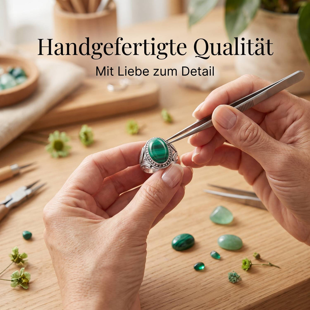 Handgefertigter Silberring mit Malachit bei der Schmuckherstellung