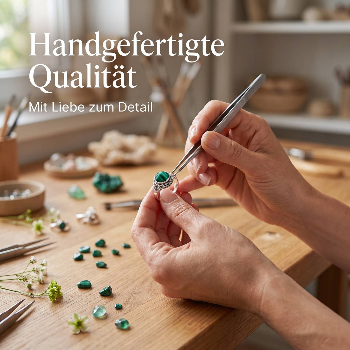 Handgefertigter Silberring mit Malachit bei der Schmuckherstellung