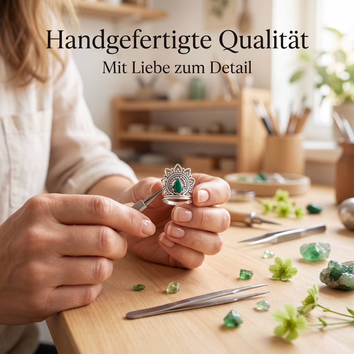 Handgefertigter Silberring mit Malachit bei der Schmuckherstellung