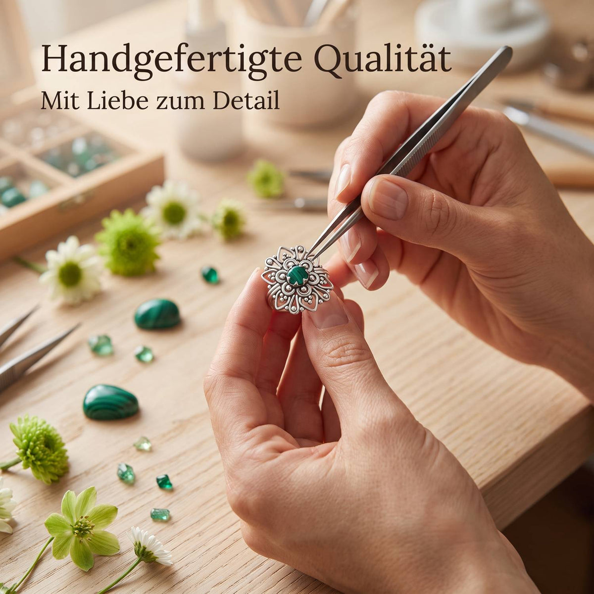 Handgefertigter Silberring mit Malachit bei der Schmuckherstellung
