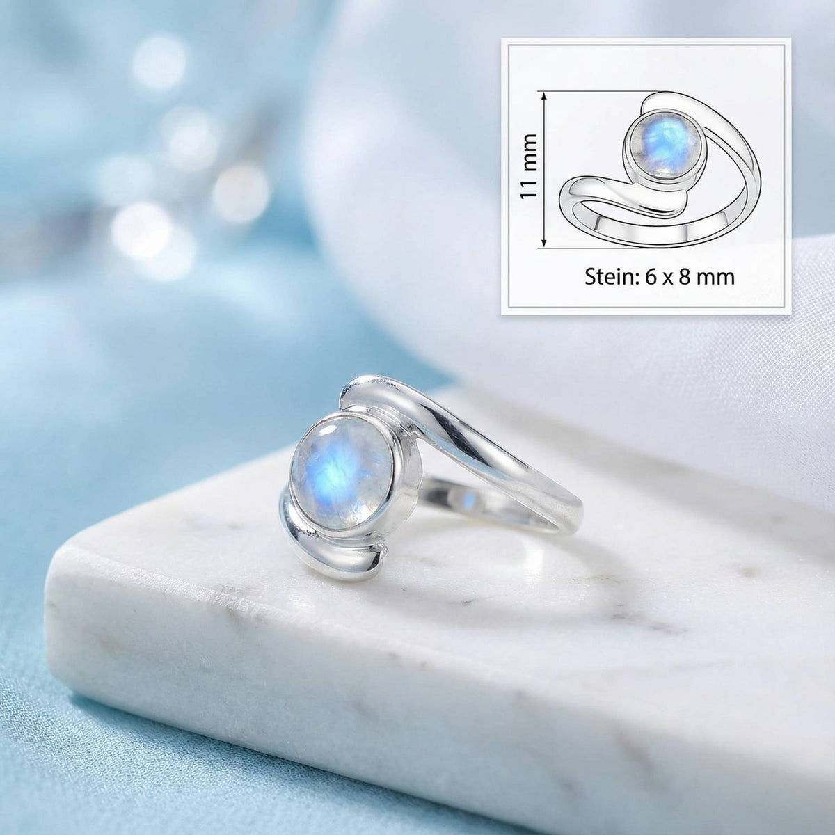 Mondsteinring aus Silber mit Maßangaben zu Ring und Edelstein