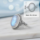 [KI] Mondsteinring aus Silber mit Maßangaben zu Ring und Edelstein